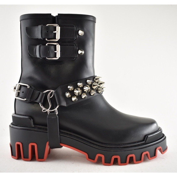 Christian Louboutin Dune Bike Spike Black Leather Platform Moto Ankle Boots 39 - Picture 2 of 16